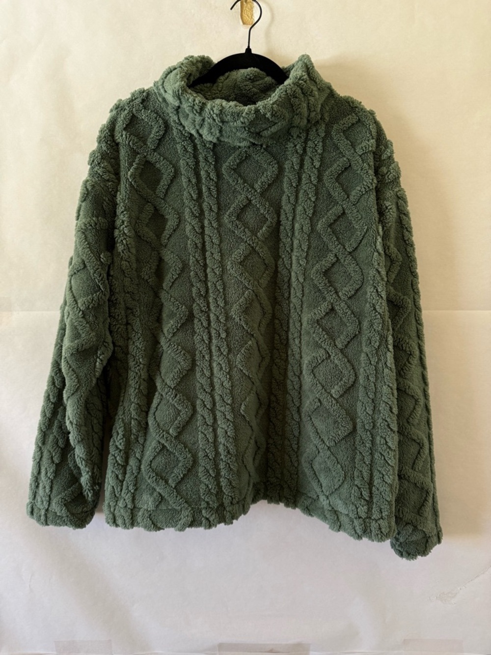 Eddie Bauer Chunky Cable Knit Mock Neck Sweater Size XL Green Sherpa Pullover